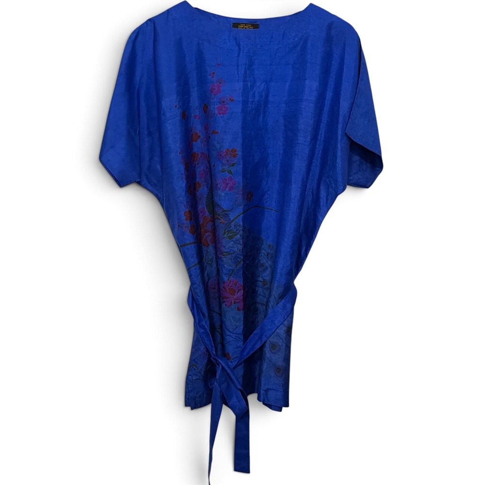 Vintage Thai Silk Tunic Top Royal Blue Peacock Floral Print Tie Belt